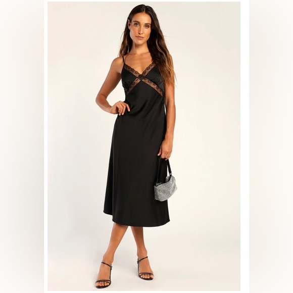 SOLD Abercrombie and Fitch black silk Satin Slip lace trim maxi Dress size large - Picture 2 of 10